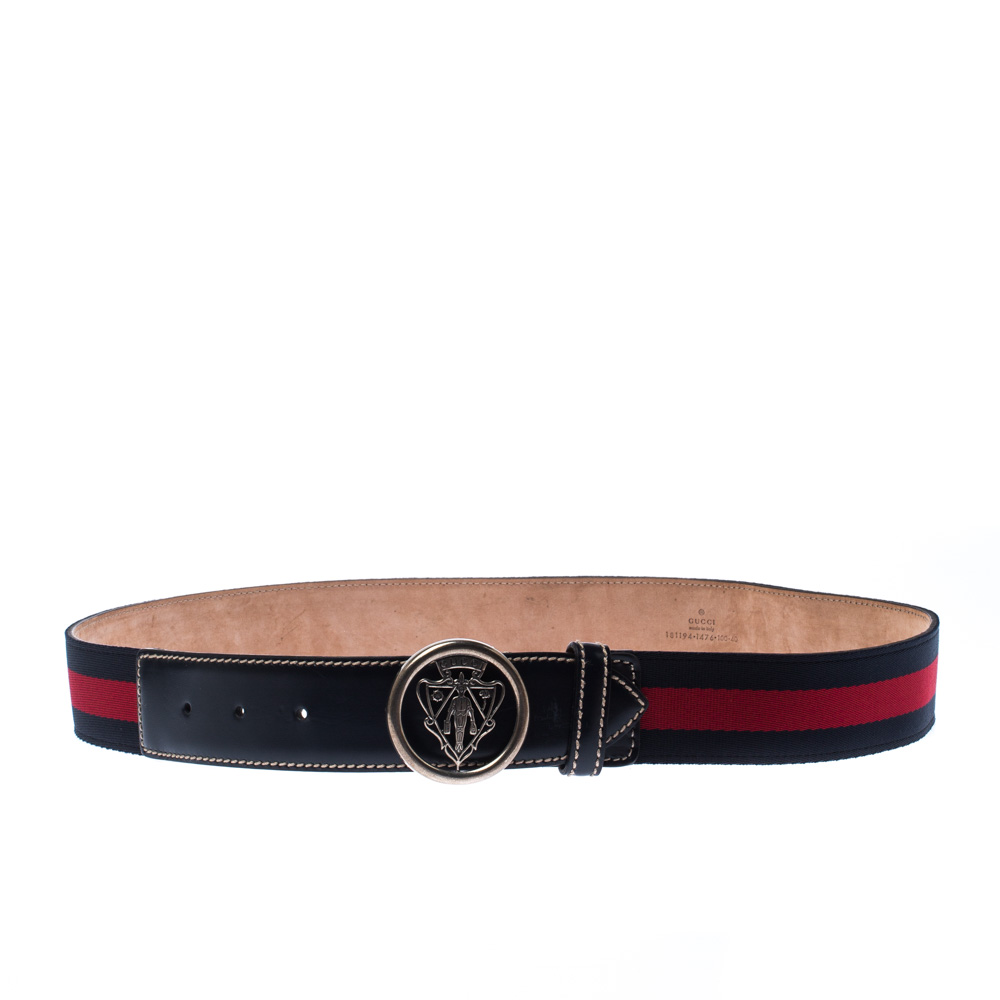 Pre Owned Gucci Navy Blue Web Canvas and Leather Hysteria Buckle Belt 100CM