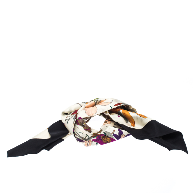 Pre Owned Gucci Multicolor Goth Floral Print Silk Pleated Neck Scarf
