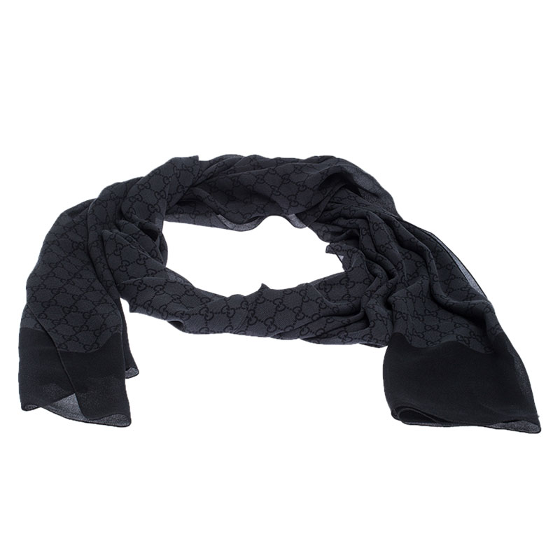 Pre Owned وشاح غوتشي حرير بنقوش غوتشيسيما رصاصي داكن