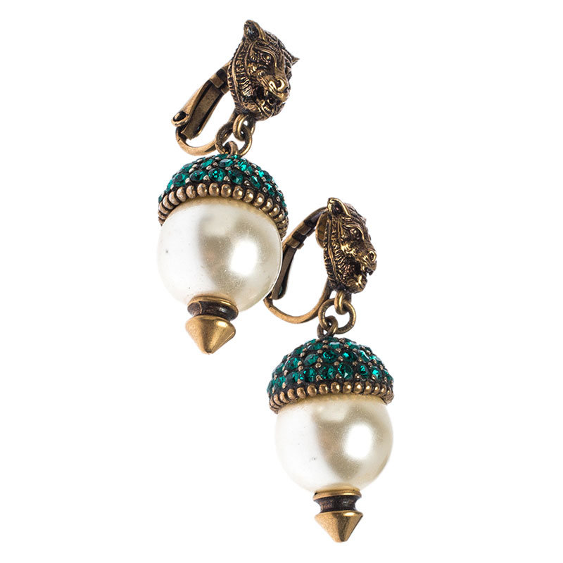 

Gucci Antique Gold Tone Feline Pearl and Crystal Clip On Drop Earrings, Green