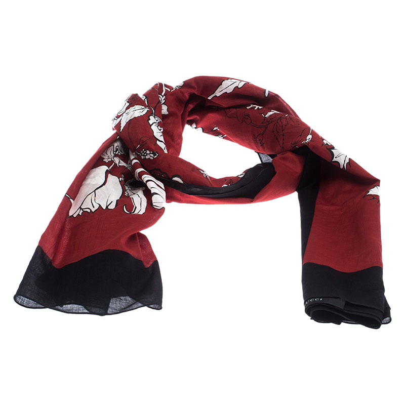 

Gucci Dark Red and Black Floral Print Cotton Scarf