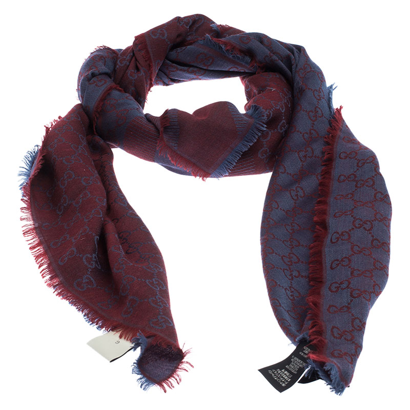 

Gucci Grey and Burgundy Guccissima Jacquard Pattern Wool and Silk Fringed Square Scarf