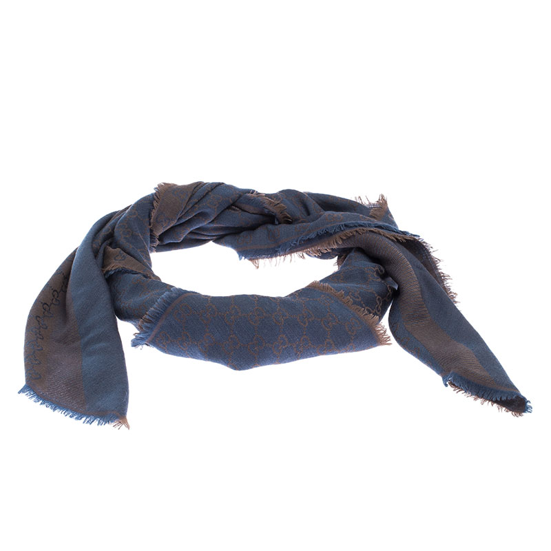 Gucci Navy Blue & Brown Wool & Silk Monogram Scarf Gucci