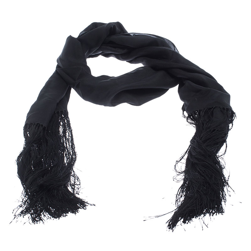 

Gucci Black Tassled Edge Silk Scarf