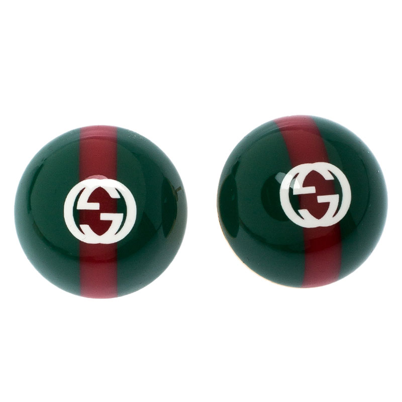 Pre Owned Gucci Red and Green Enamel Vintage Web Stud Earrings