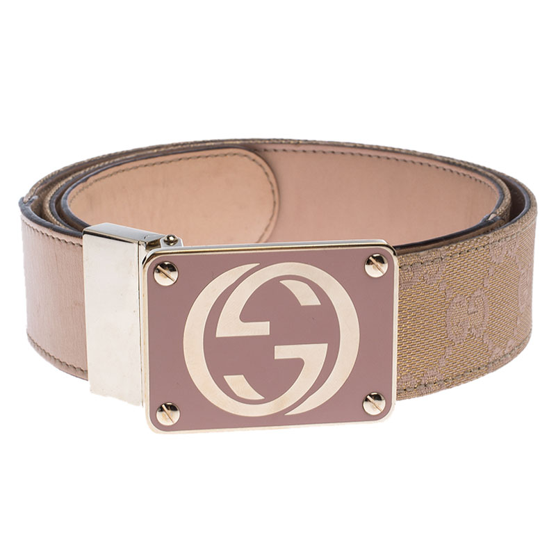 

Gucci Beige/Gold Leather and GG Canvas Reversible GG Buckle Belt