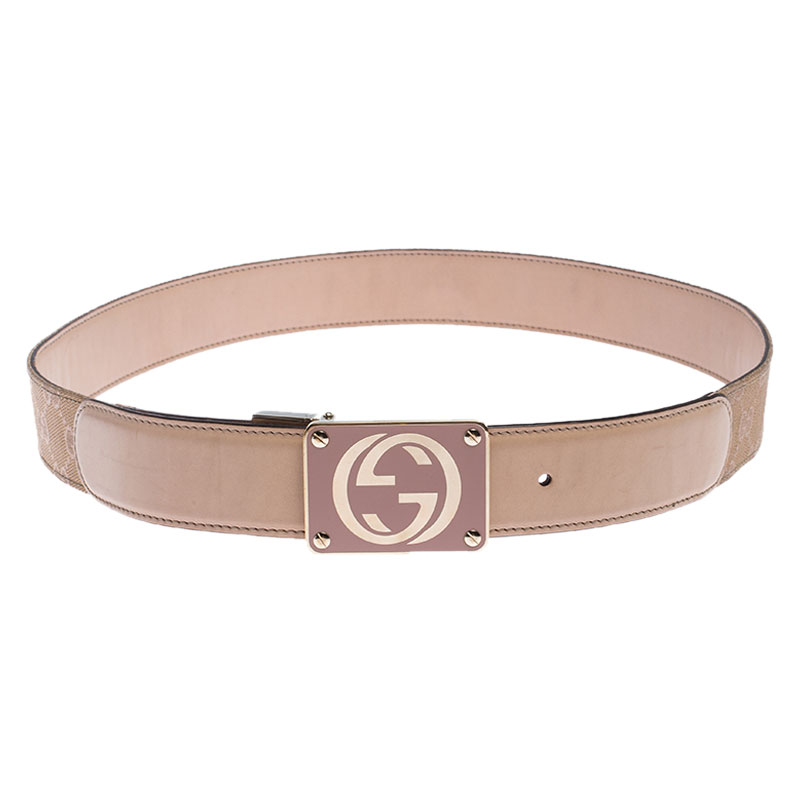 مملوكة مسبقًا حزام غوتشي بإبزيم GG بوجهين كانفاس GG وجلد ذهبي/بيج
