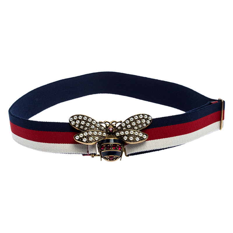 Pre Owned Gucci Multicolor Web Canvas Bee Embellished Buckle Belt 90CM
