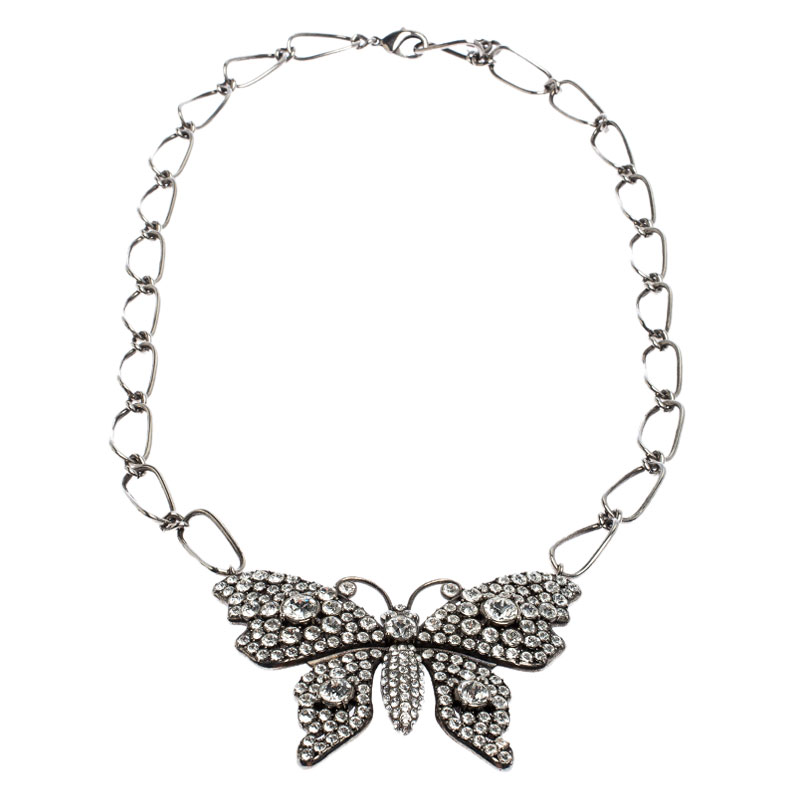 

Gucci Crystal Embellished Butterfly Palladium Plated Chain Link Necklace, Silver