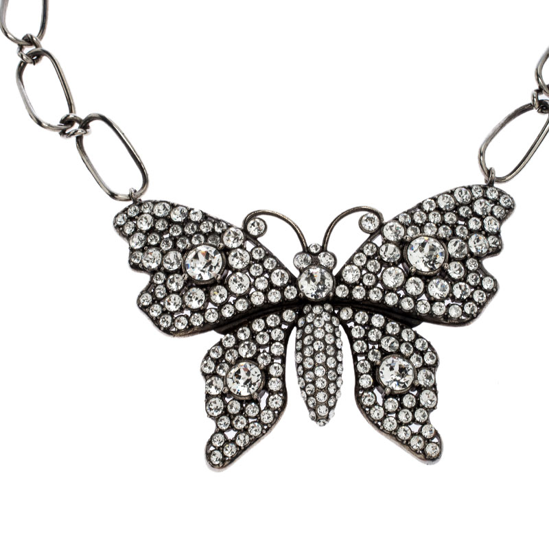 Gucci Crystal Embellished Butterfly Palladium Plated Chain Link Necklace