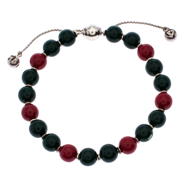 

Gucci Red & Green Wooden Beads Silver Adjustable Bracelet