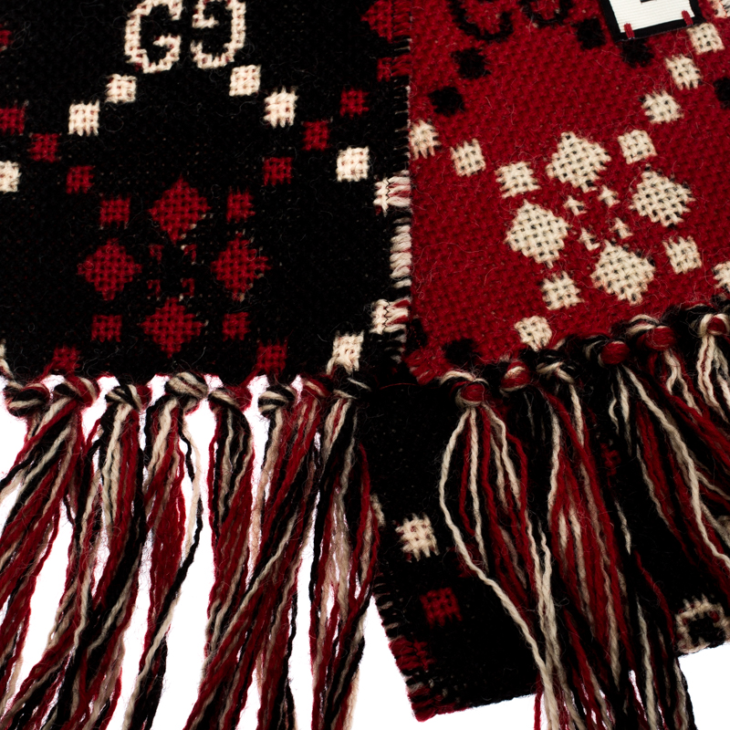 

Gucci Red and Black Monogram Knit Fringe Detail Wool Jacquard Scarf