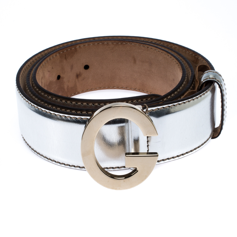 

Gucci Metallic Silver Patent Leather G Buckle Belt