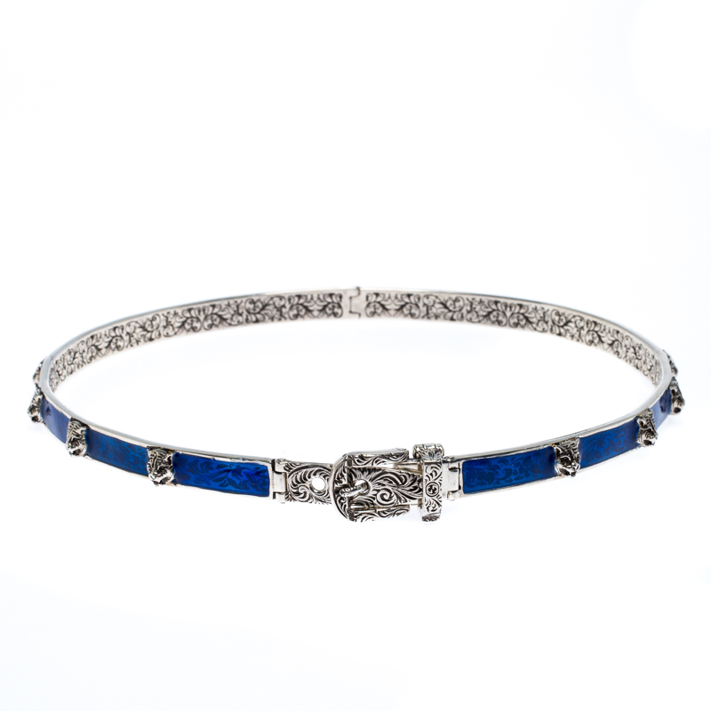 Pre Owned Gucci Blue Tiger Head Studded Lacquer Engraved Sterling Silver Choker L