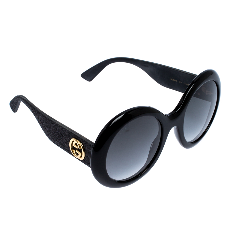 Pre-owned Gucci Black/ Grey Gradient Gg0101s Shimmer Round Sunglasses ...