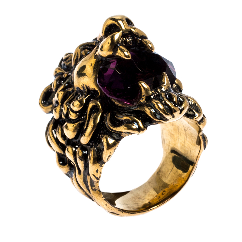 Varme R Blossom Pre-owned Gucci Aged Gold Finish Lion Head With Crystal Ring Size Eu 57 In  Purple | ModeSens