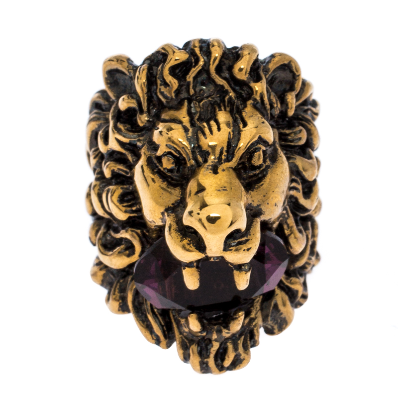 

Gucci Aged Gold Finish Lion Head with Crystal Ring Size EU 57, Purple