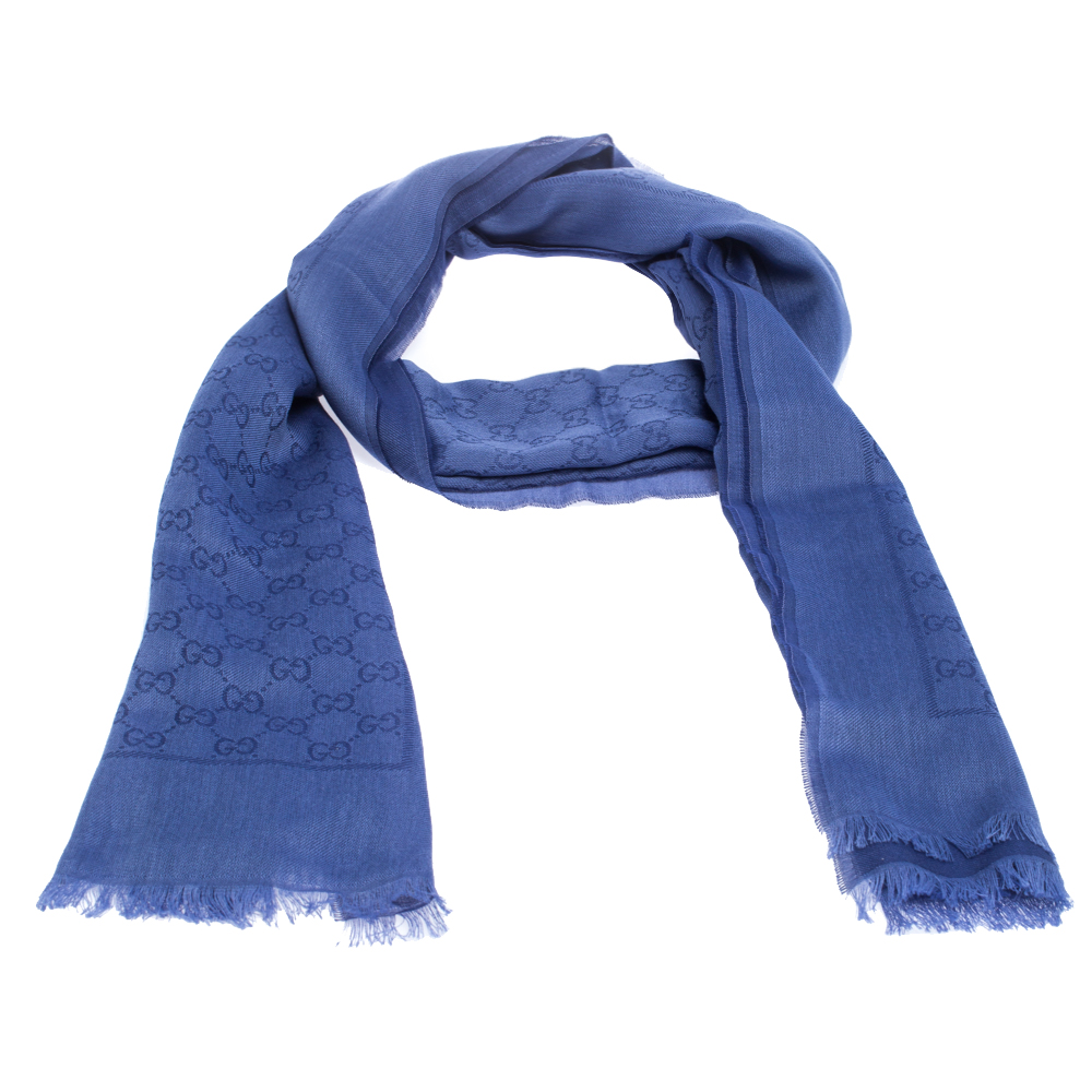 

Gucci indigo Guccissima Patterned Cotton Jacquard Scarf, Blue