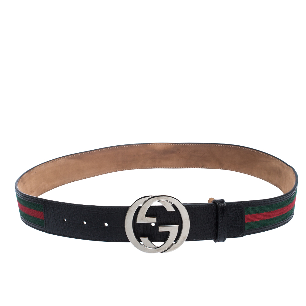 Pre-owned Gucci Black Web Fabric And Leather Interlocking Gg Buckle Belt 90cm