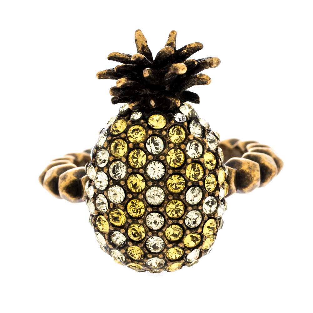 

Gucci Pineapple Motif Multi Color Crystal Studded Gold Tone Ring Size