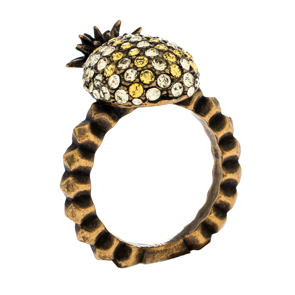 Pre-owned Gucci Pineapple Motif Multi Colour Crystal Studded Gold Tone Ring Size 57