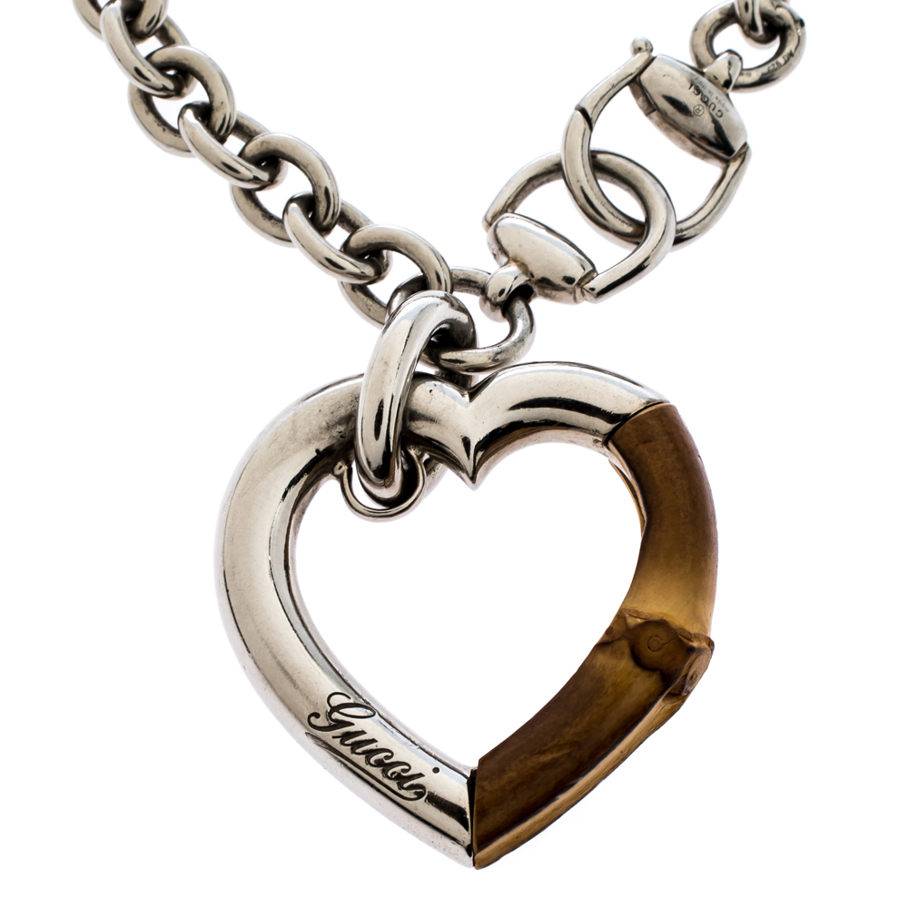 

Gucci Bamboo Heart Silver Chain Link Charm Bracelet