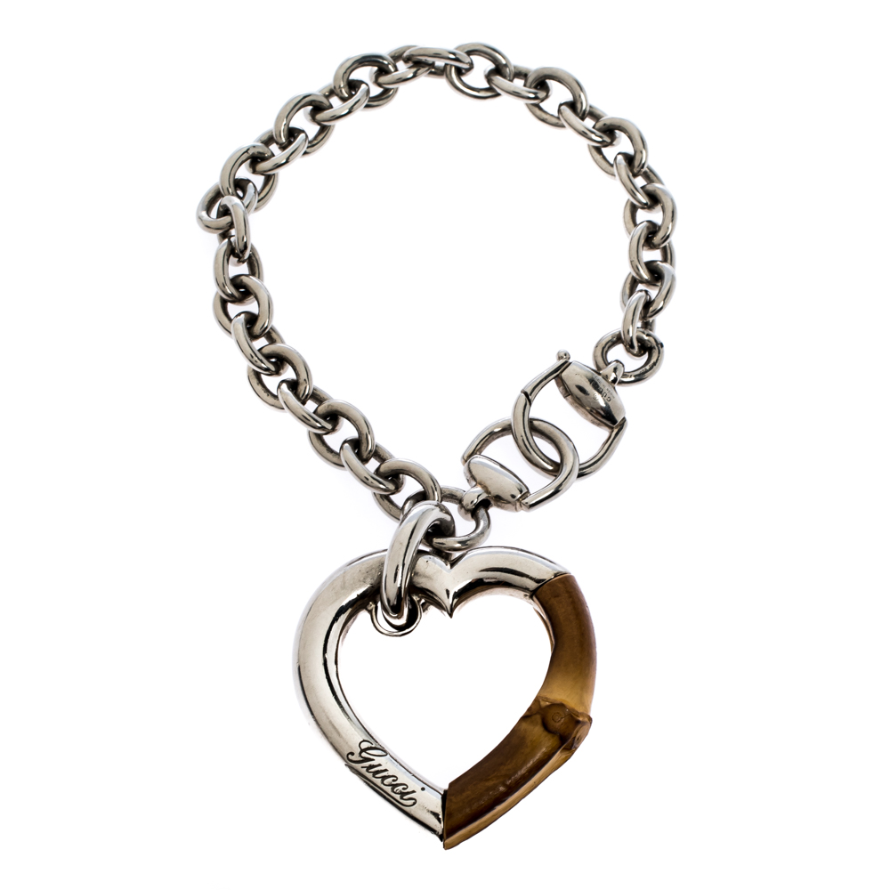 Pre-owned Gucci Bamboo Heart Silver Chain Link Charm Bracelet