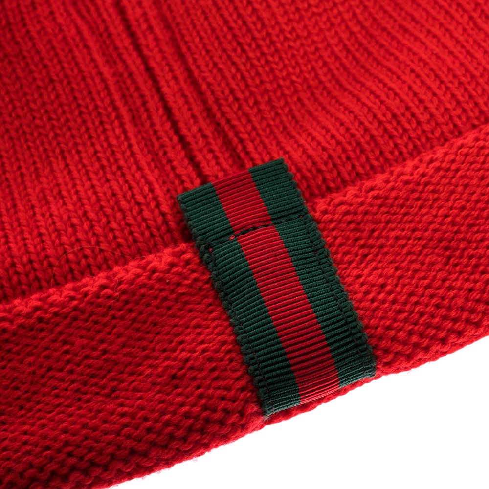 

Gucci Red Wool Knit Web Trim Detail Beanie Hat