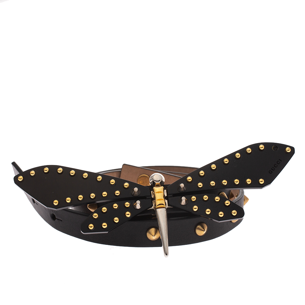 

Gucci Black Leather Studded Dragonfly Skinny Belt