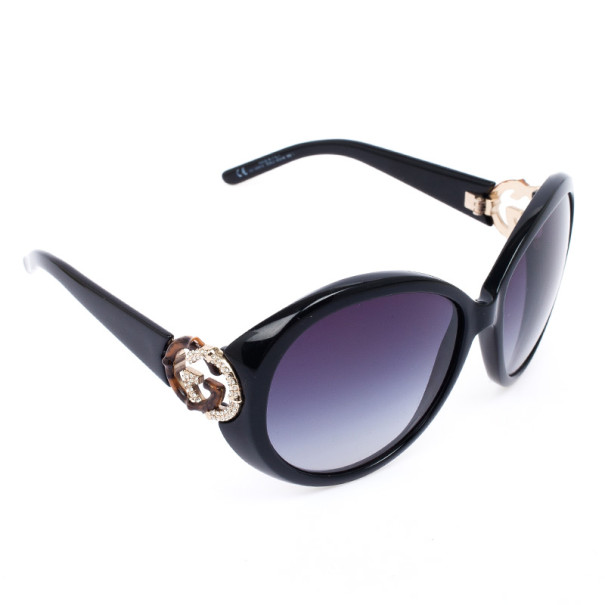 Pre Owned Gucci Black Oval Interlocking 'GG' Temple Women Sunglasses