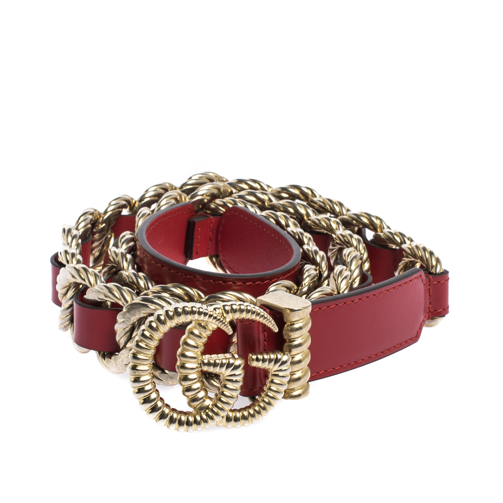

Gucci Red Leather Torchon Chain GG Buckle Belt