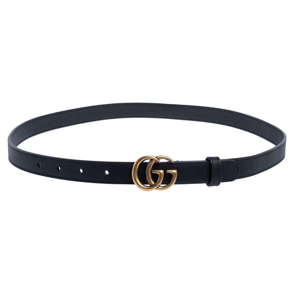 Pre Owned Gucci Black Leather GG Marmont Buckle Narrow Belt 85CM