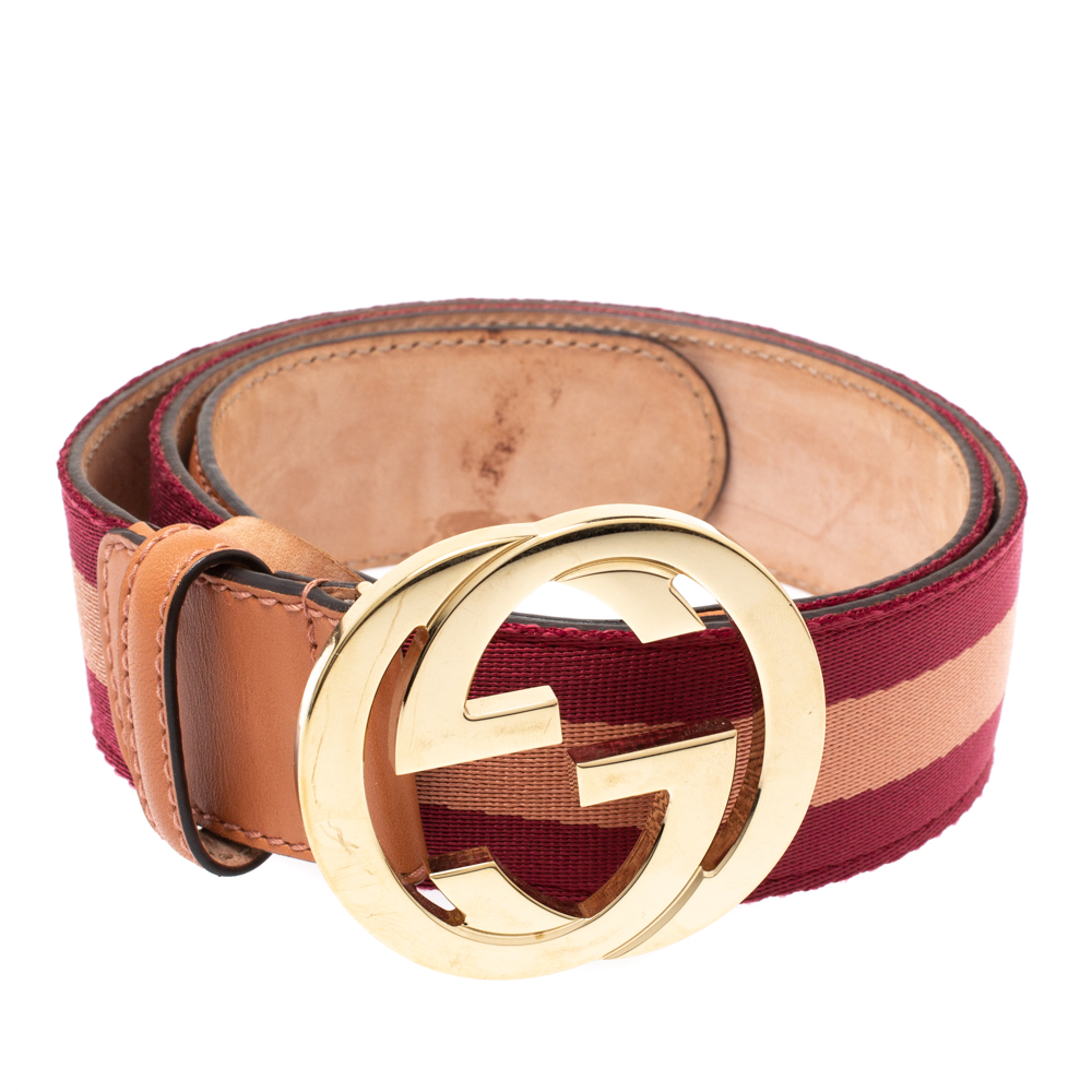 

Gucci Pink Web Canvas and Leather Interlocking G Buckle Belt