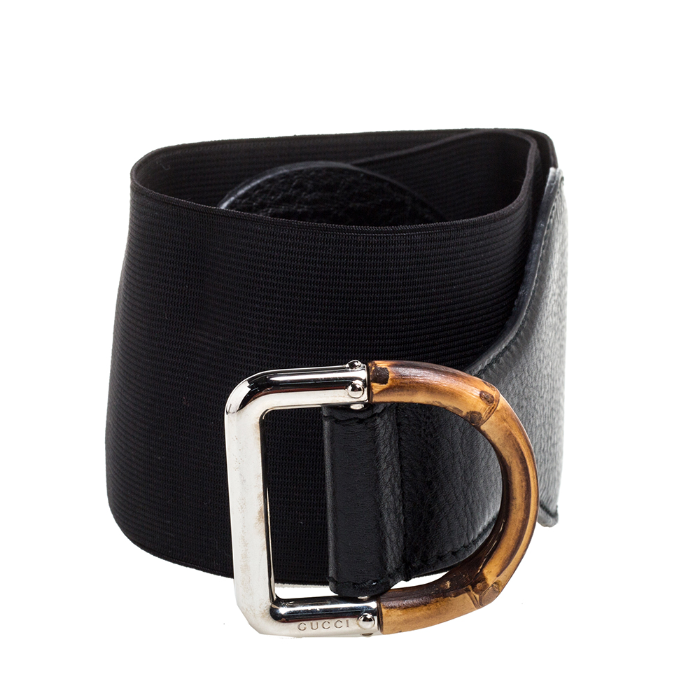 

Gucci Black Leather and Elastic Fabric Band Bamboo Buckle Waist Belt