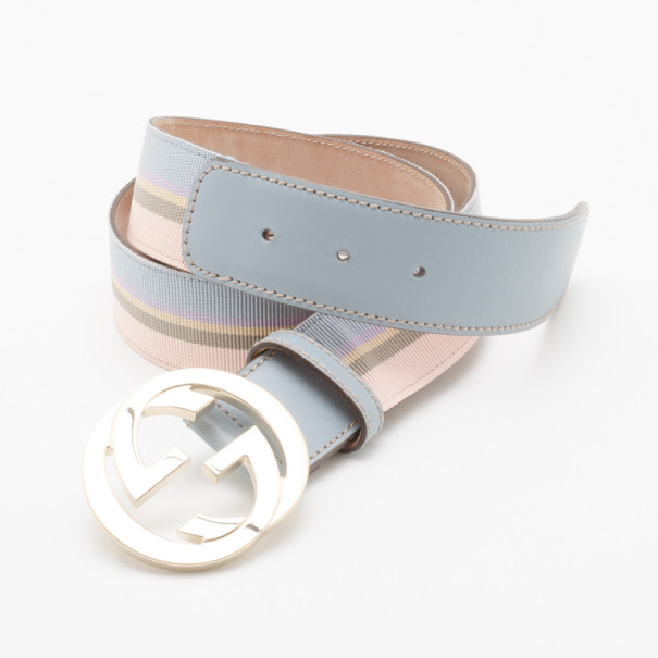 Pre Owned Gucci Blue and Tan 'GG' Buckle Belt