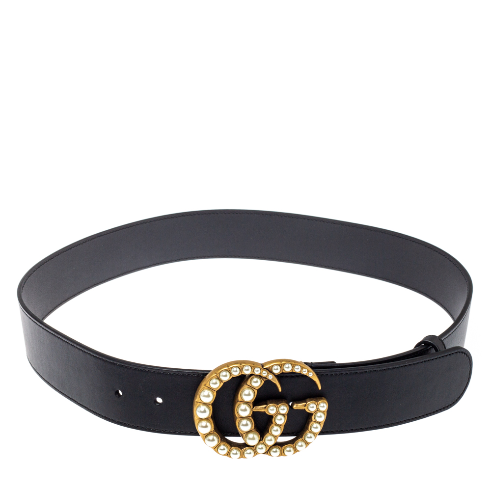 Gucci Black Leather GG Marmont Pearl Embellished Buckle Belt 90CM