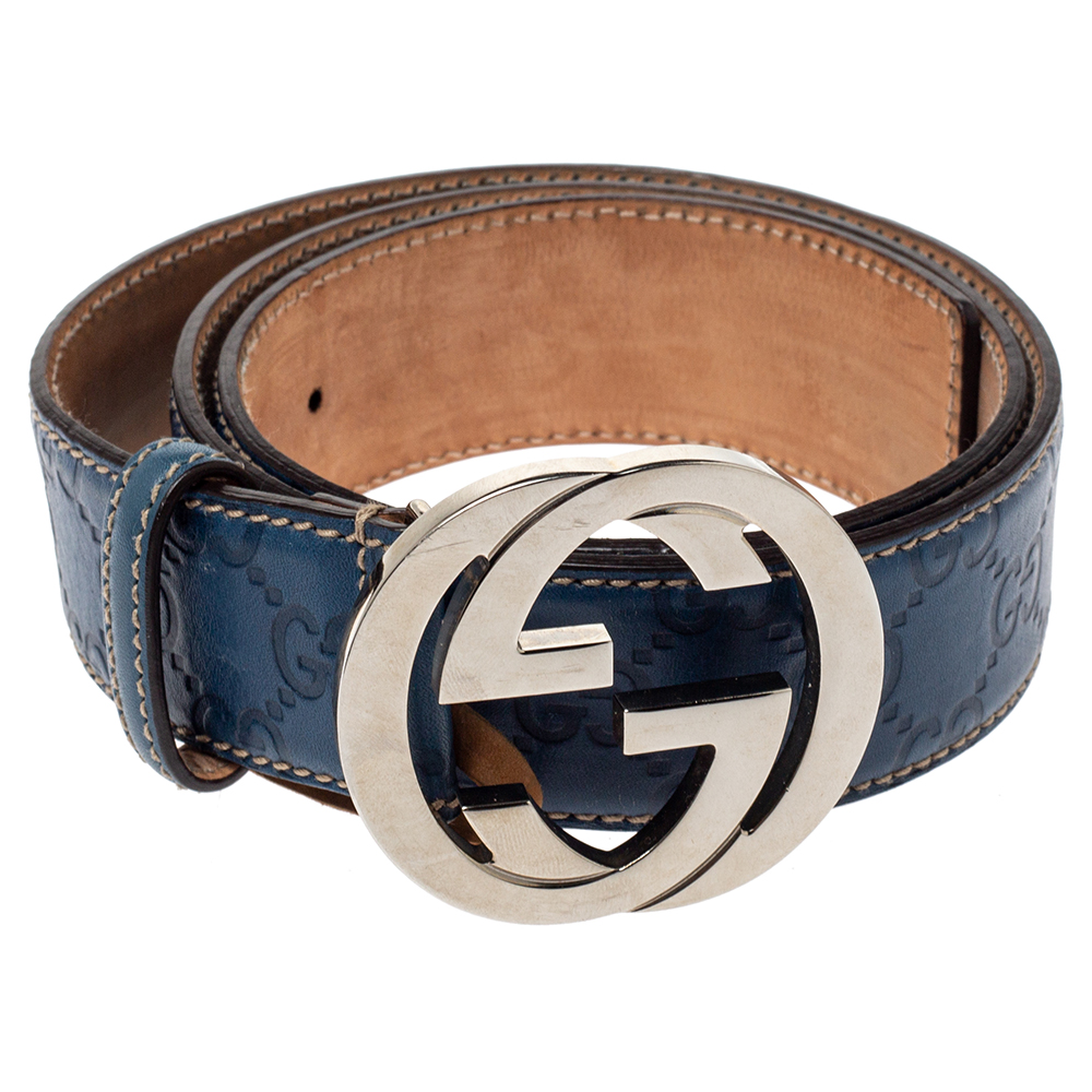 

Gucci Blue Guccissima Leather Interlocking G Buckle Belt