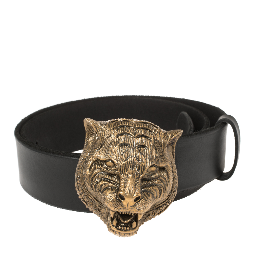 

Gucci Black Leather Tiger Buckle Belt