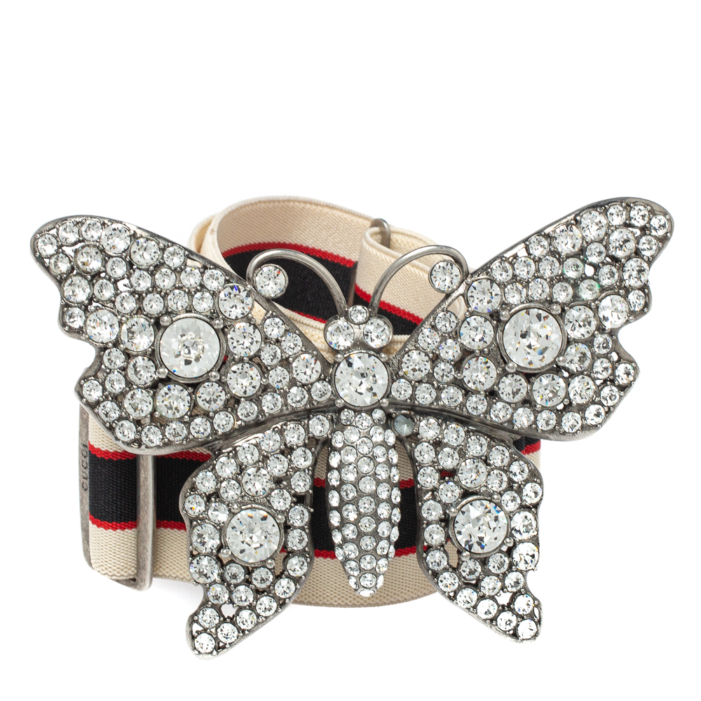 

Gucci White Elastic Band Crystal Embellished Butterfly Buckle Belt