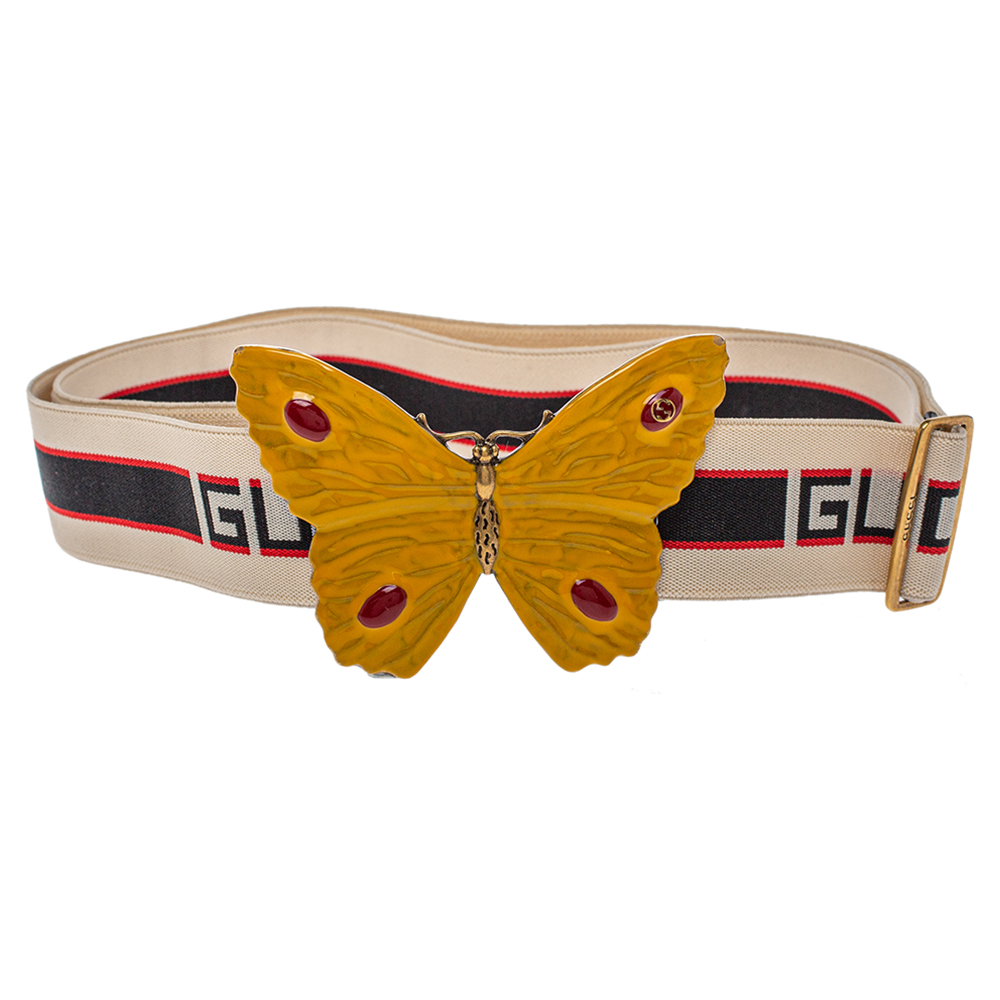 Pre-owned Gucci White Elastic Band Butterfly Buckle Belt 95cm