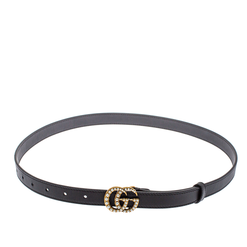 Pre-owned Gucci Black Leather Gg Marmont Pearl Embellished Buckle Belt 85cm