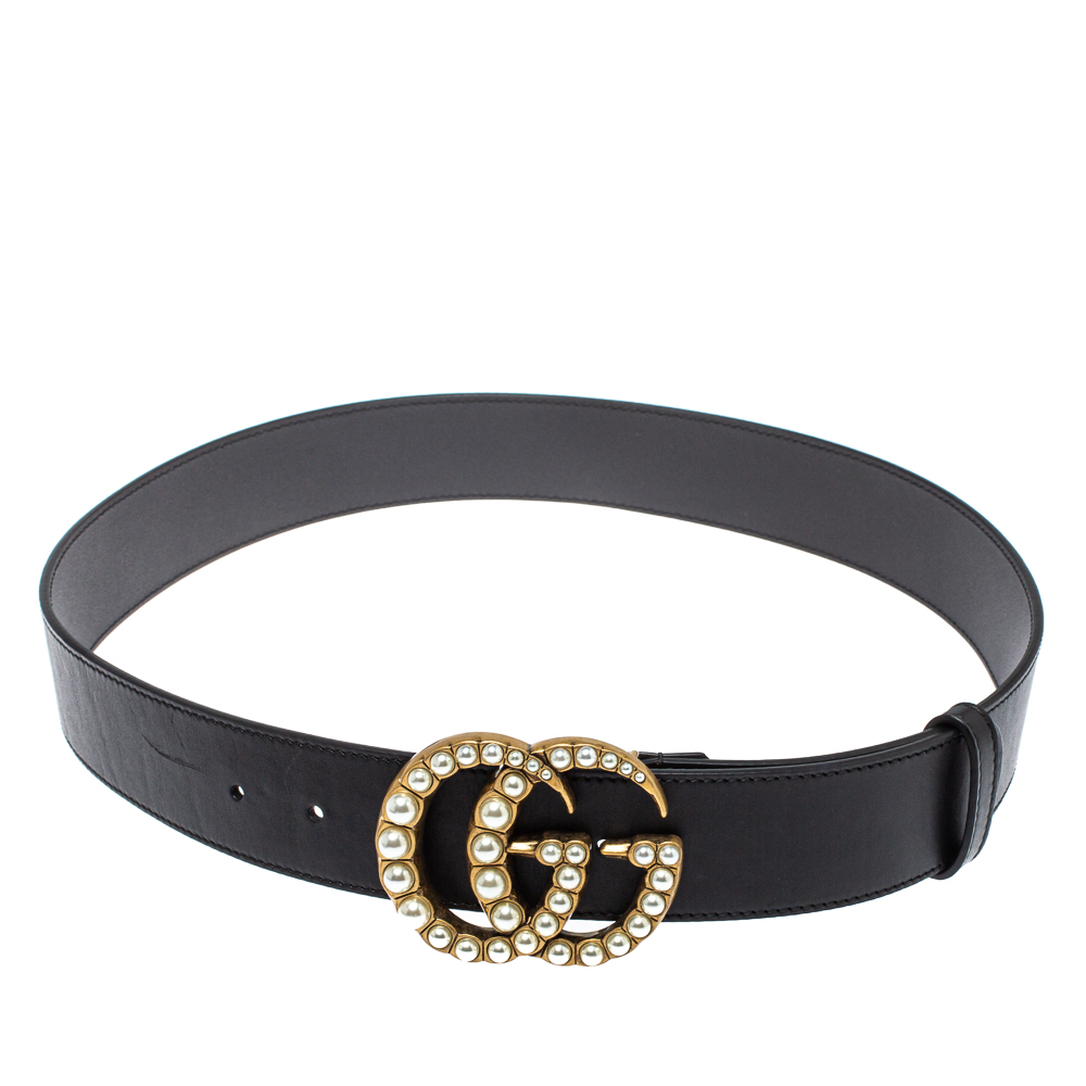 Pre-owned Gucci Black Leather Gg Pearl Embellished Double G Buckle Belt 85 Cm