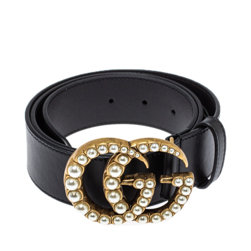 

Gucci Black Leather GG Pearl Embellished Double G Buckle Belt