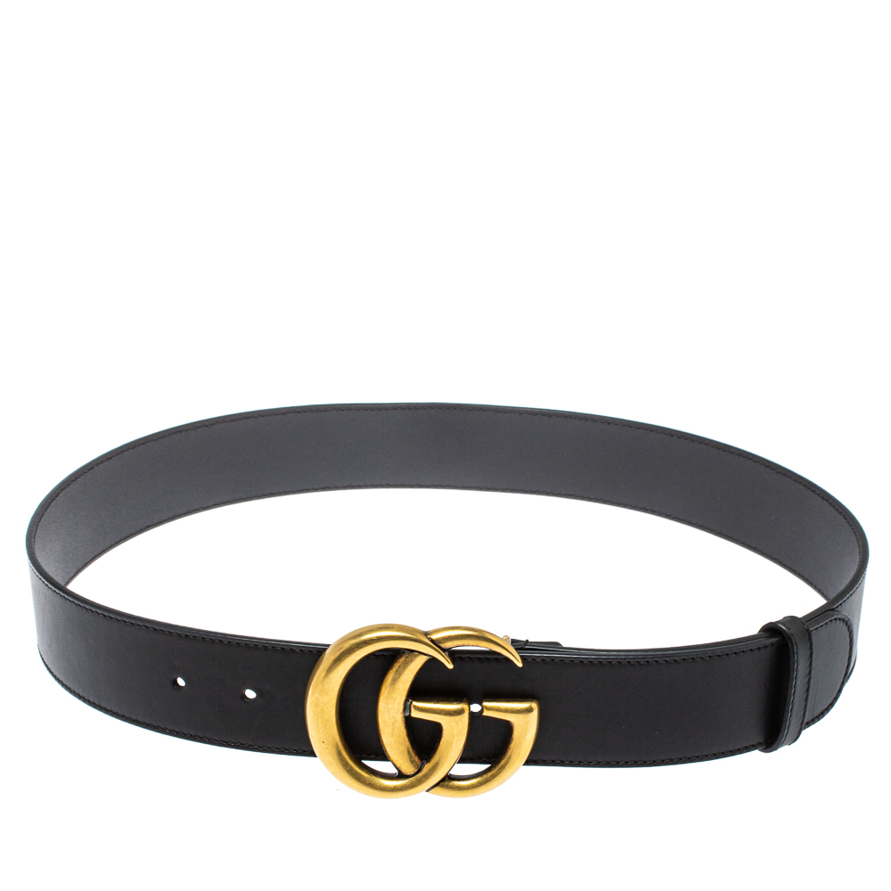 Pre-owned Gucci Black Leather Gg Marmont Buckle Belt 85 Cm