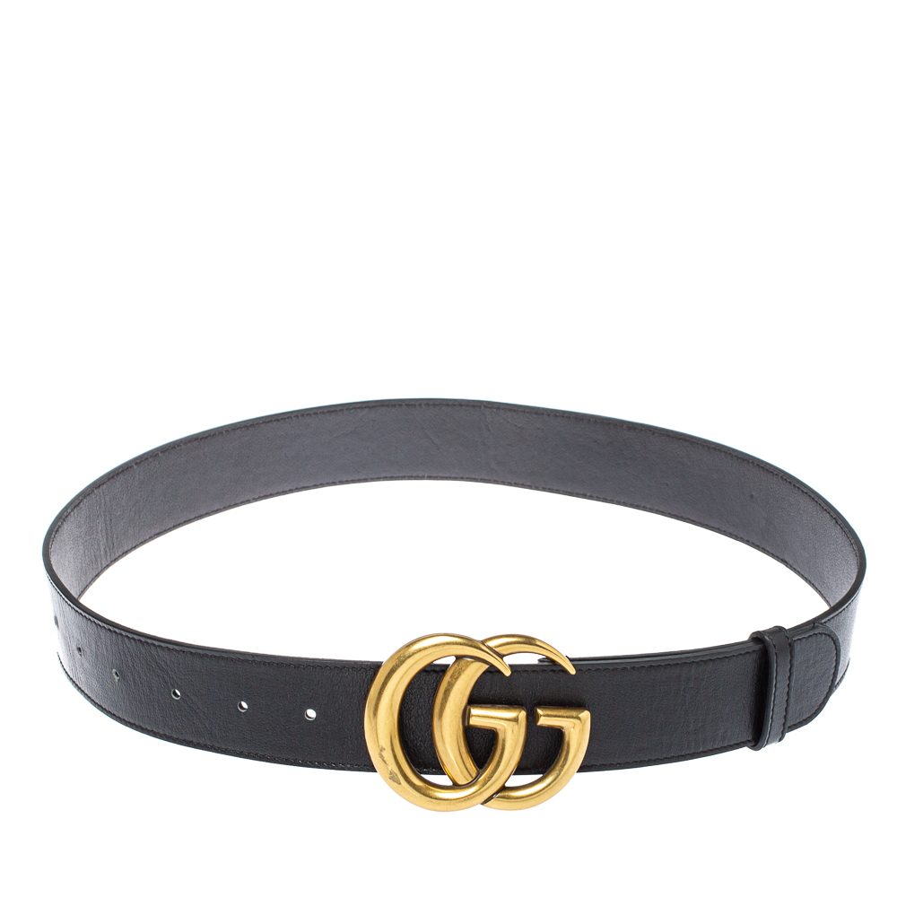 Pre-owned Gucci Black Leather Gg Marmont Buckle Belt 75cm
