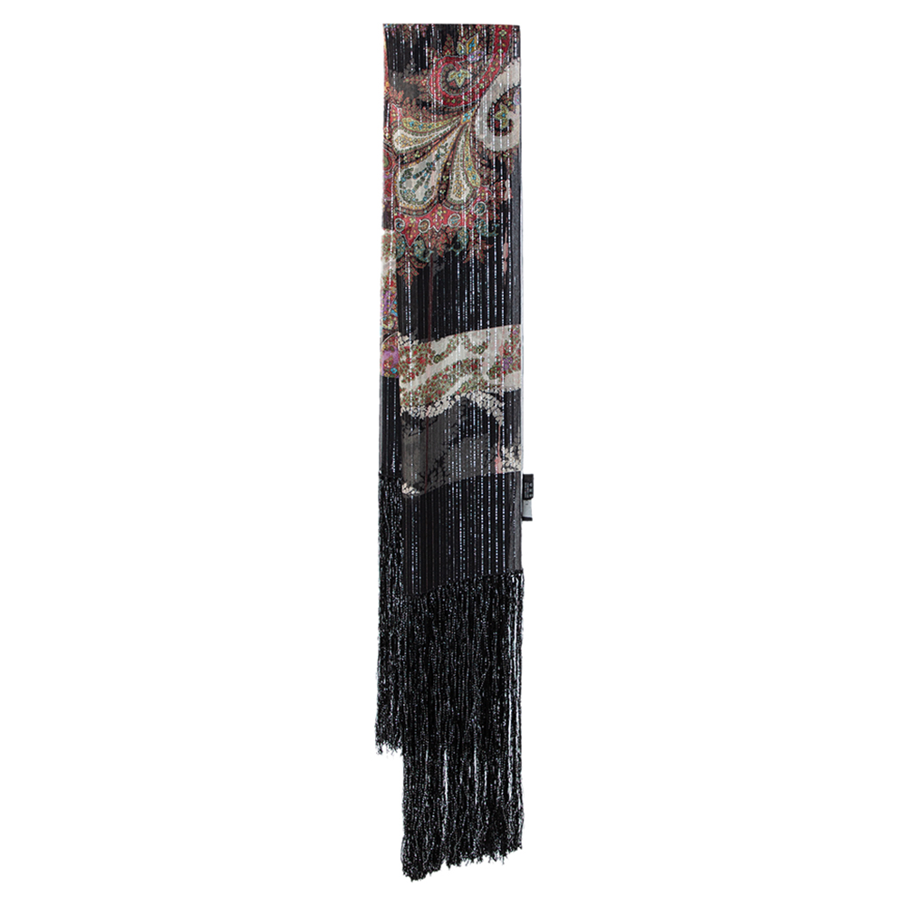 Pre-owned Gucci Black Paisley Printed Lurex Silk Fringed Scarf
