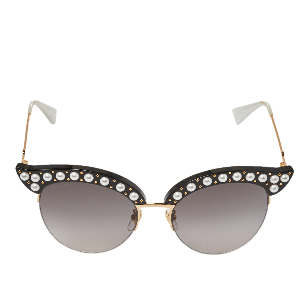 

Gucci Black Pearl Studded / Grey Gradient GG0212S Cat Eye Sunglasses
