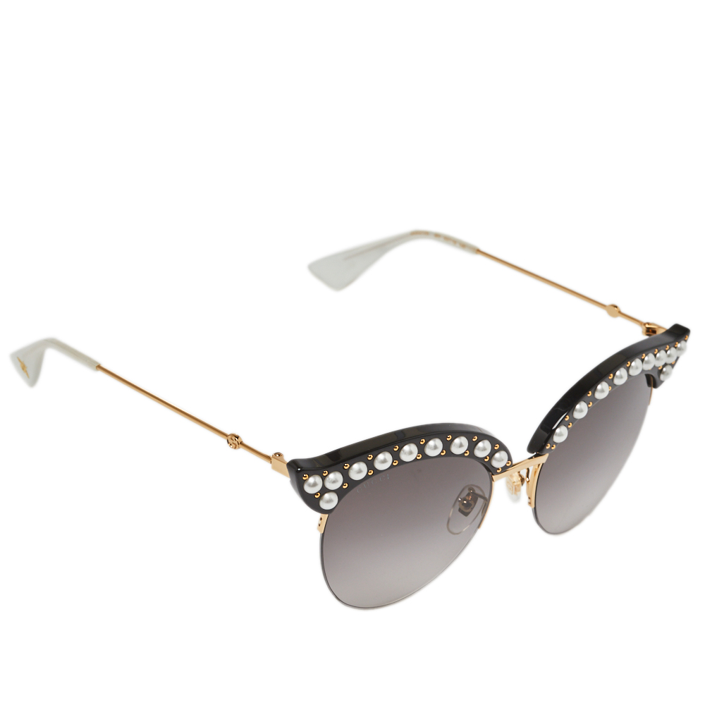 Pre-owned Gucci Black Pearl Studded / Grey Gradient Gg0212s Cat Eye Sunglasses