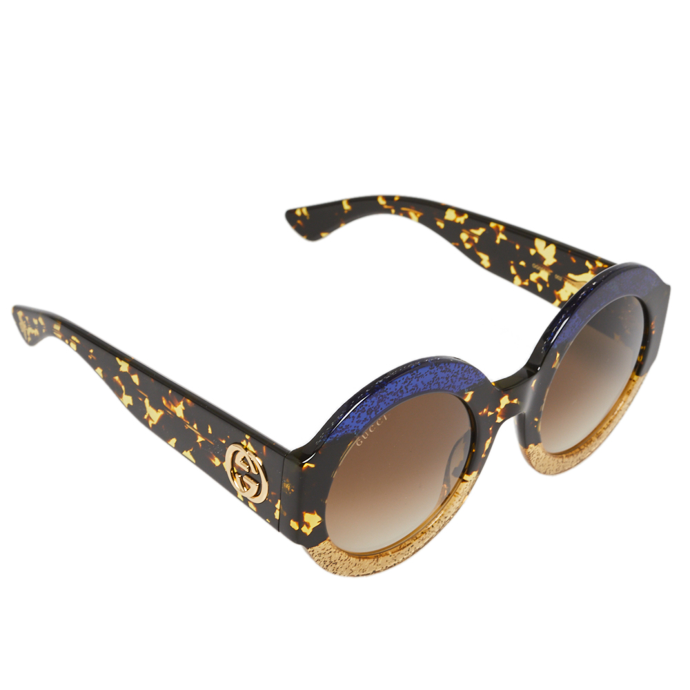 Pre-owned Gucci Glitter Havana/ Brown Gradient Gg0084s Round Sunglasses