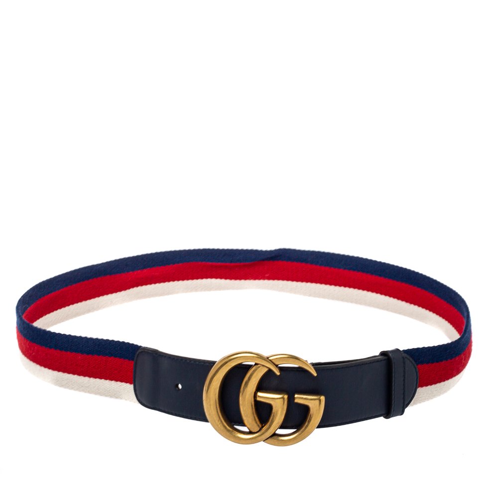 Pre-owned Gucci Navy Blue Web Canvas And Leather Double G Buckle Belt 85cm